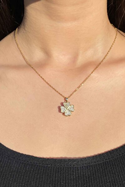 TREND COLLECTİON Zirkon Taşlı Dönen Kristal Yonca Paslanmaz Çelik Gold Zincir Kadın Kolye