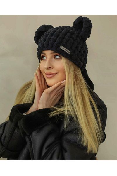 AidaAstrid Bear Hat Puffy Beanie Black Bear Eared Beanie Hat Winter Cap Animal Figured Beanie