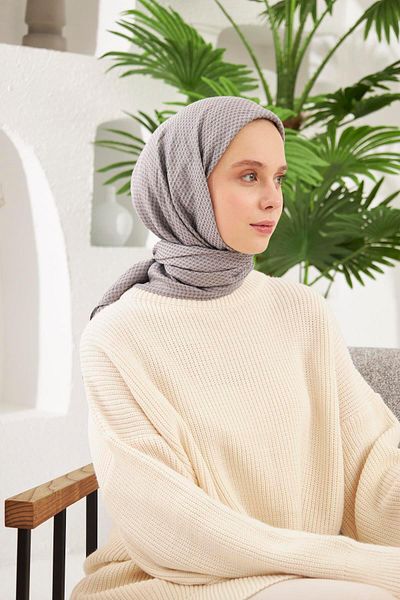 Şalland Houndstooth Pattern Jacquard Scarf Gray