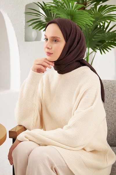Şalland Houndstooth Pattern Jacquard Scarf Bitter Brown