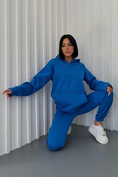 bayansepeti Háromszálas szövet Kenguru zsebes kapucnis pulóver magas derekú alsó kék sporttréningruha szett 400