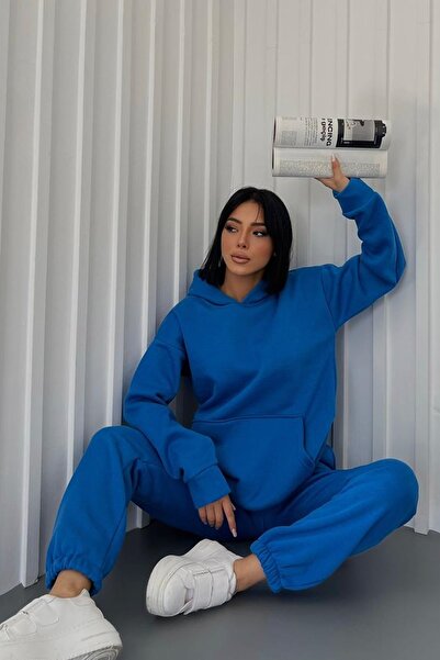 bayansepeti Háromszálas szövet Kenguru zsebes kapucnis pulóver magas derekú alsó kék sporttréningruha szett 400