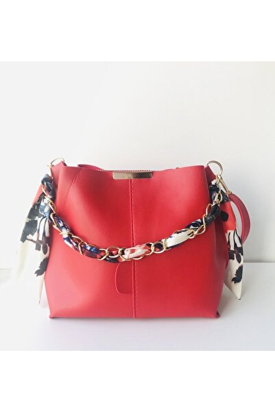 ÇAKIL COLLECTİON Women's Red Scarf and Chain Accessories Soft Leather 3 Compartment Handbag and Shoulder Bag