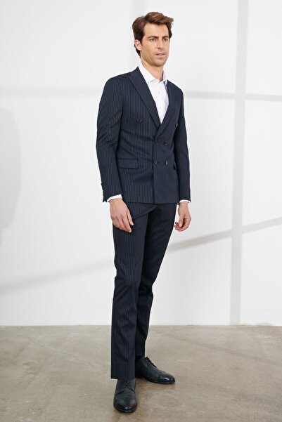 ALTINYILDIZ CLASSICS Men's Navy Blue Slim Fit Slim Fit Swallow Collar Striped Suit