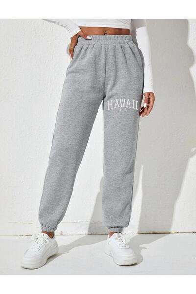 My Blog Dámské šedé tepláky s havajským potiskem a elastickým pasem a nohama