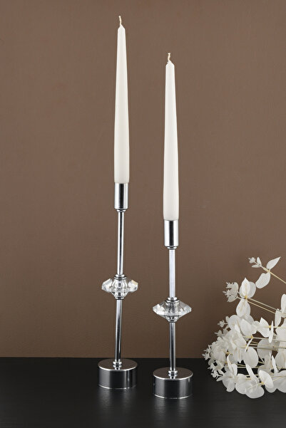 TR Turan Collection CONTES 2'li Lüks Şamdan Kristal Dekorlu Gümüş Kaplama Met...