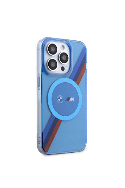 BMW iPhone 14 Pro Uyumlu Kılıf Magsafe Şarj Transparan Tricolor Stripes Lisanslı Kapak Mavi