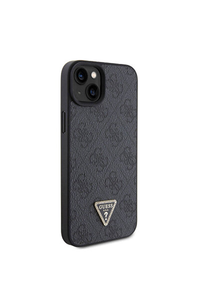 Guess حافظة متوافقة مع هاتف iPhone 15، غطاء من جلد البولي يوريثان المرخص بشعار مثلث من حجر الراين ونمط 4G باللون الأسود