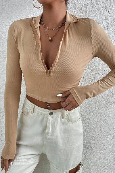 MADALİNA Női bőr kamisole szövet cipzáras állvány gallér Crop Bustier