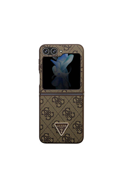 Guess Galaxy Z Flip 5uyumlu  Kılıf Guess Lisanslı PU Deri Taşlı Üçgen Logo 4G...