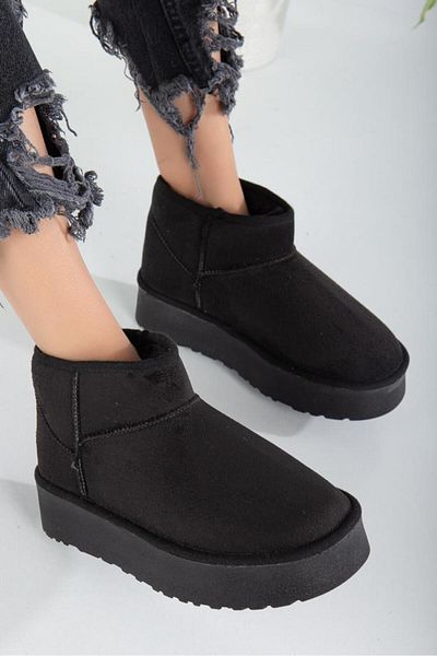 wemodaa WOMEN'S ULTRA MINI THICK SOLE FUR INSIDE BLACK FLAT SOLE BOOTS