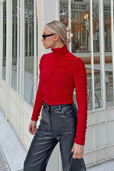 Swist Red Full Draped Half Turtleneck Women's Crop Blouse