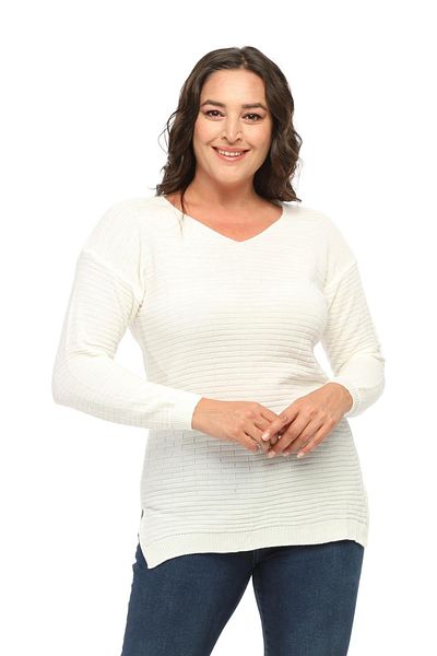 Ebsumu Women's Plus Size Self-Patterned V-Neck White Knitwear