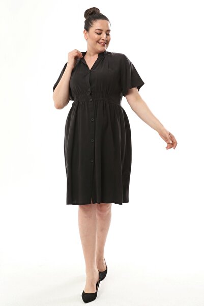 Ebsumu Γυναικείο φόρεμα με φαρδιά γκάμα μαύρο λινό πουκάμισο