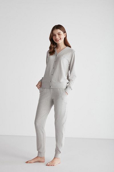 U.S. Polo Assn. Women's Long Sleeve Front Buttoned Gray Melange Pajama Set C1T6N9O56