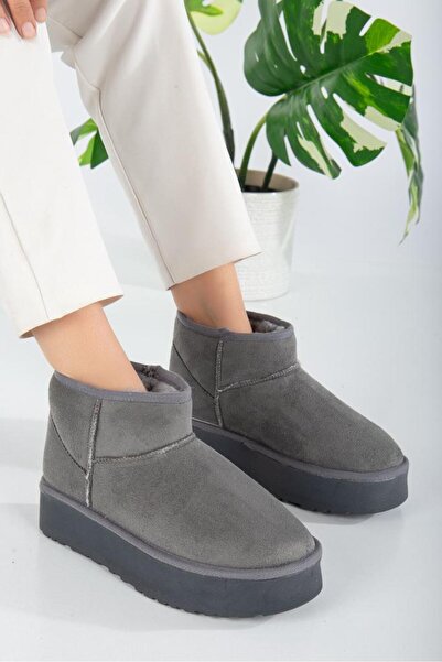 wemodaa KADIN ULTRA MİNİ KALIN TABAN İÇİ KÜRKLÜ GRİ DÜZ TABAN BOT