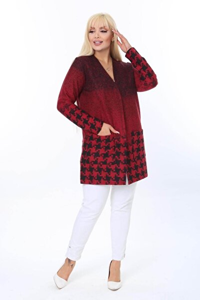 Mia Butik Plus Size Red Black Patterned Cardigan