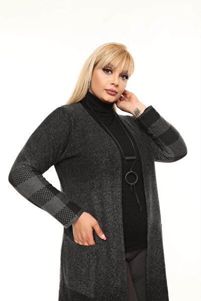 Mia Butik Plus Size Black Patterned Long Cardigan