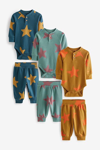Next Baby 100% Cotton Ribbed Shiny Star Pattern 3-Piece Top and Bottom Set