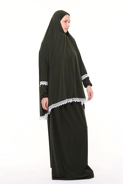 Altobeh Γυναικείο φόρεμα προσευχής δύο τεμαχίων Lycra Sandy ύφασμα δαντέλα με μανίκια-χακί
