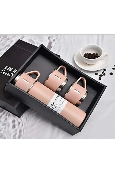 MJ TOYS Paslanmaz Çelik Termos Siyah Renk 3 Bardaklı Termos Seti Vakumlu Term...