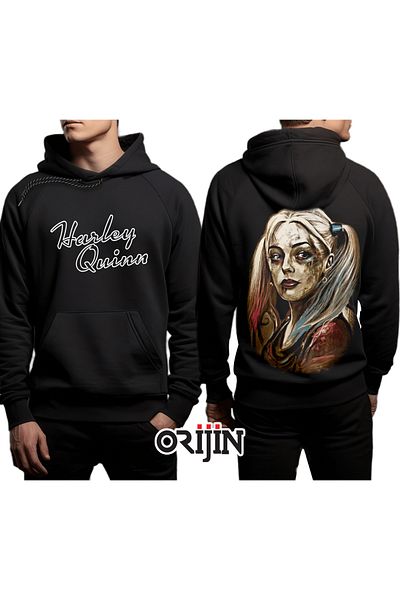 Orijin Tekstil Harley Quinn Front Back Printed Black Hooded Sweatshirt