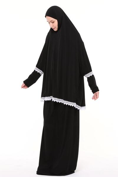 Altobeh Women's Two Piece Lycra Sandy Fabric Lace Sleeve Prayer Dress-black