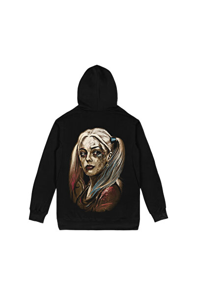 Orijin Tekstil Harley Quinn Ön Arka Baskılı Siyah Kapşonlu Sweatshirt