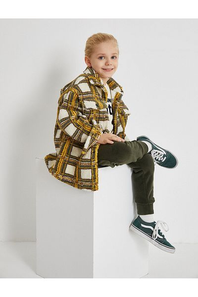 Koton Checked Plush Coat Shirt Collar Double Pocket