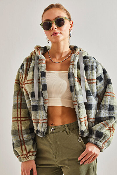 Bianco Lucci Dámský kostkovaný plyšový kabát se vzorem