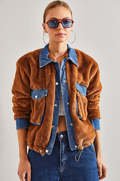 Bianco Lucci Dámský plyšový kabát s dvojitou kapsou