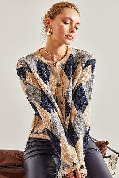 Bianco Lucci Women's Diamond Patterned Knitwear Cardigan