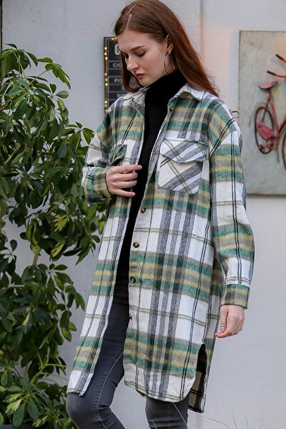 Chiccy Kadın Yeşil Italyan Ekose Desenli Cepli Yırtmaçlı Uzun Düğmeli Oduncu Ceket M10210100ce98896