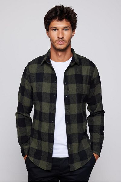 Tudors Slim Fit Μακρυμάνικο Slim Fit Checked Winter Ξυλοκόπος Χακί-πράσινο ανδρικό πουκάμισο