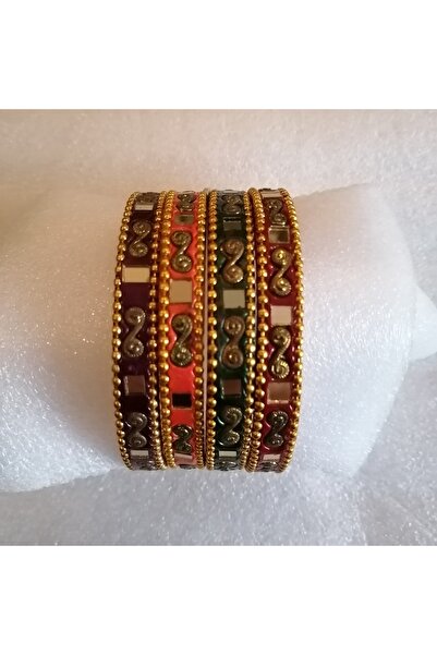 Butik Tülin Kadın otantik el yapımı seramik çok renk kombin altın boncuk kesme aynalı 4'lü set bilezik Hint Malı