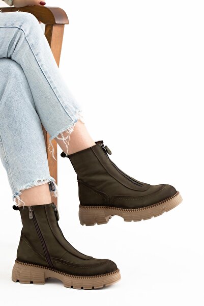 Stilbagshoes TAYA ÖN FERMUAR DETAYLI HAKİKİ DERİ KADIN BOT 1700 HAKİ