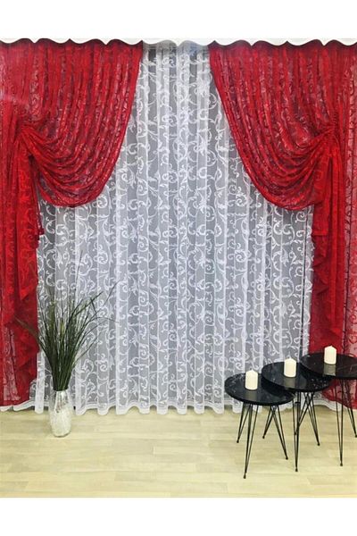 CEYLANLAR Red Ivy Tulle Background Curtain - Two Wings with Drawstring