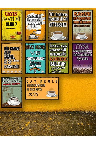 TAKIFİX Çay & Kahve Sözleri Seti 10 Adet 20x30 Cm Retro Ahşap Tablo