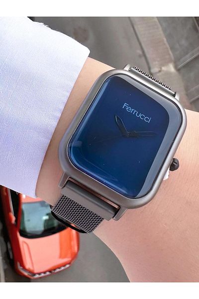 Ferrucci Women's Navy Blue Anthracite Curved Glass Wristwatch - Numeral-Free Dial, Metal Cord