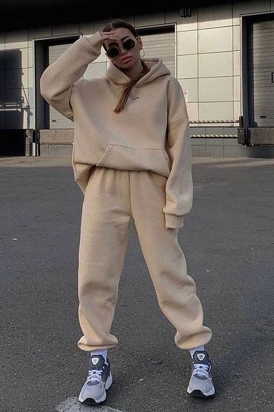 bayansepeti Three Yarn Fabric Kangaroo Pocket Hooded Sweatshirt and High Waist Bottom Camel Sports Tracksuit Set 400