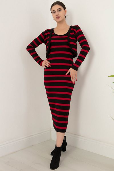 PULLIMM Striped Bolero Strap Dress Knitwear Double Set 2023-0037