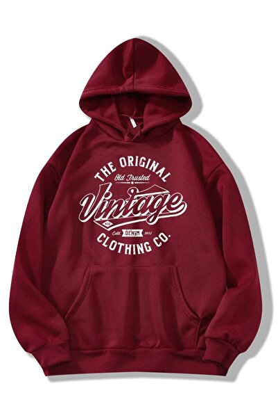 Revasser Unisex Bordo Kapüşonlu Vintage Baskılı Kapüşonlu Sweatshirt