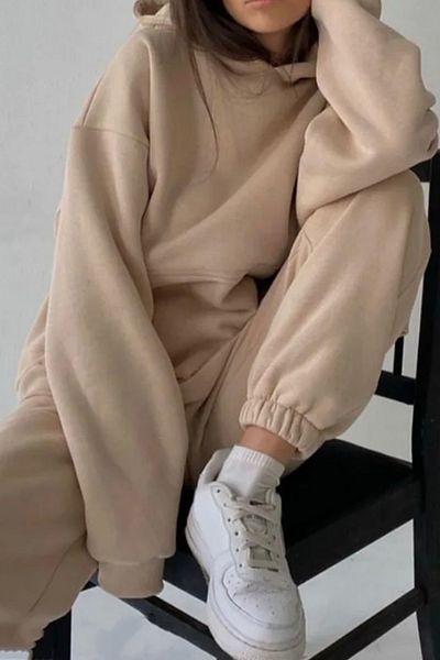 bayansepeti Three Yarn Fabric Kangaroo Pocket Hooded Sweatshirt and High Waist Bottom Camel Sports Tracksuit Set 400