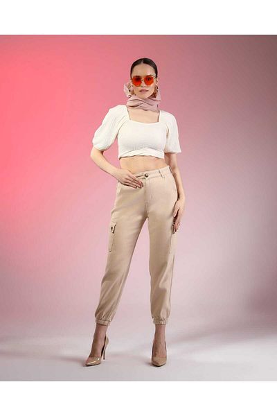 SHEVEGA Pantaloni boyfriend cu blugi mom cu buzunar cargo crem