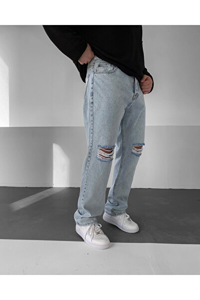 NO1 KONSEPT Ice Blue String σκισμένο φαρδύ παντελόνι