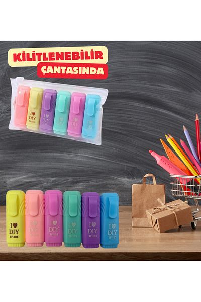 Şehir Online Mağazacılık Mini Highlighter Pen Set with I Love DIY Motto in Its Own Special Bag (There are 6 Products in 1 Package)