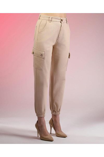 SHEVEGA Pantaloni boyfriend cu blugi mom cu buzunar cargo crem