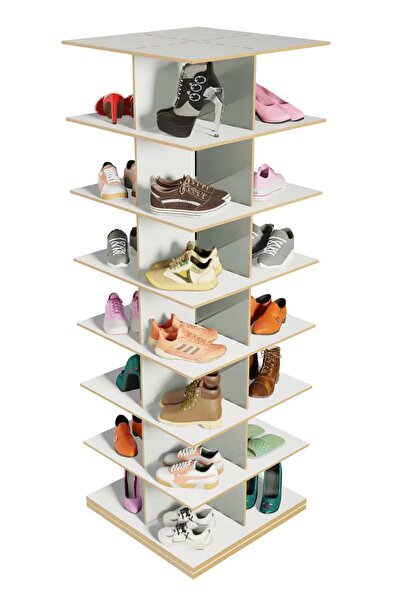 Mionte Flat-Pack 360° Dönen Ayakkabı Rafı, Dönen Ayakkabı Raf Kulesi, Orijinal 7 katmanlı (Beyaz, Kare)