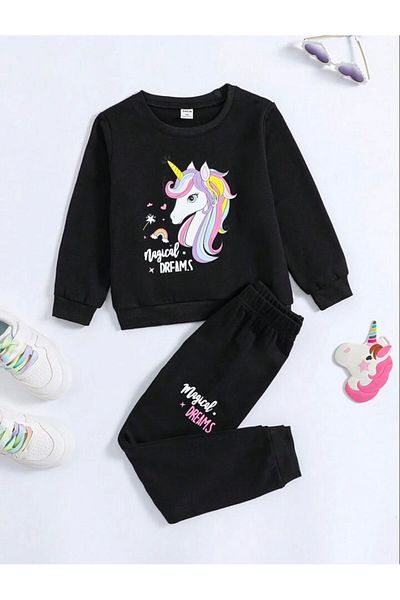 Renna Mood Set de trening pentru fete/băieți cu imprimeu unicorn negru - decolteu