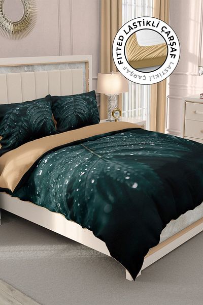 MonoHome 100% Cotton Satin Double Duvet Cover Set with Fitted Sheets Drop Leave